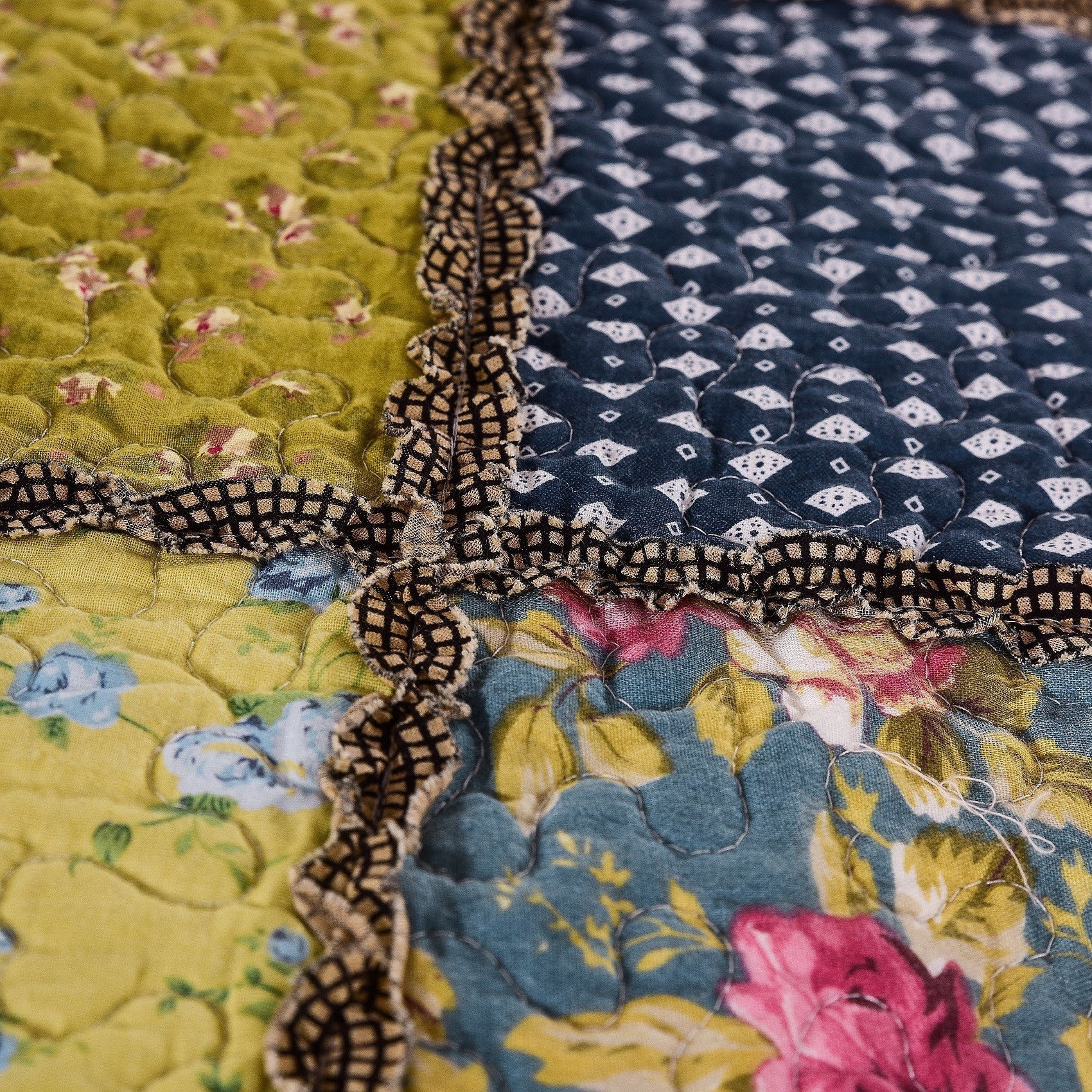 Tache Spring Shower Olive Green Navy Blue Floral Scalloped Cotton Patchwork Quilt Set (DXJ10077) - Tache Home Fashion