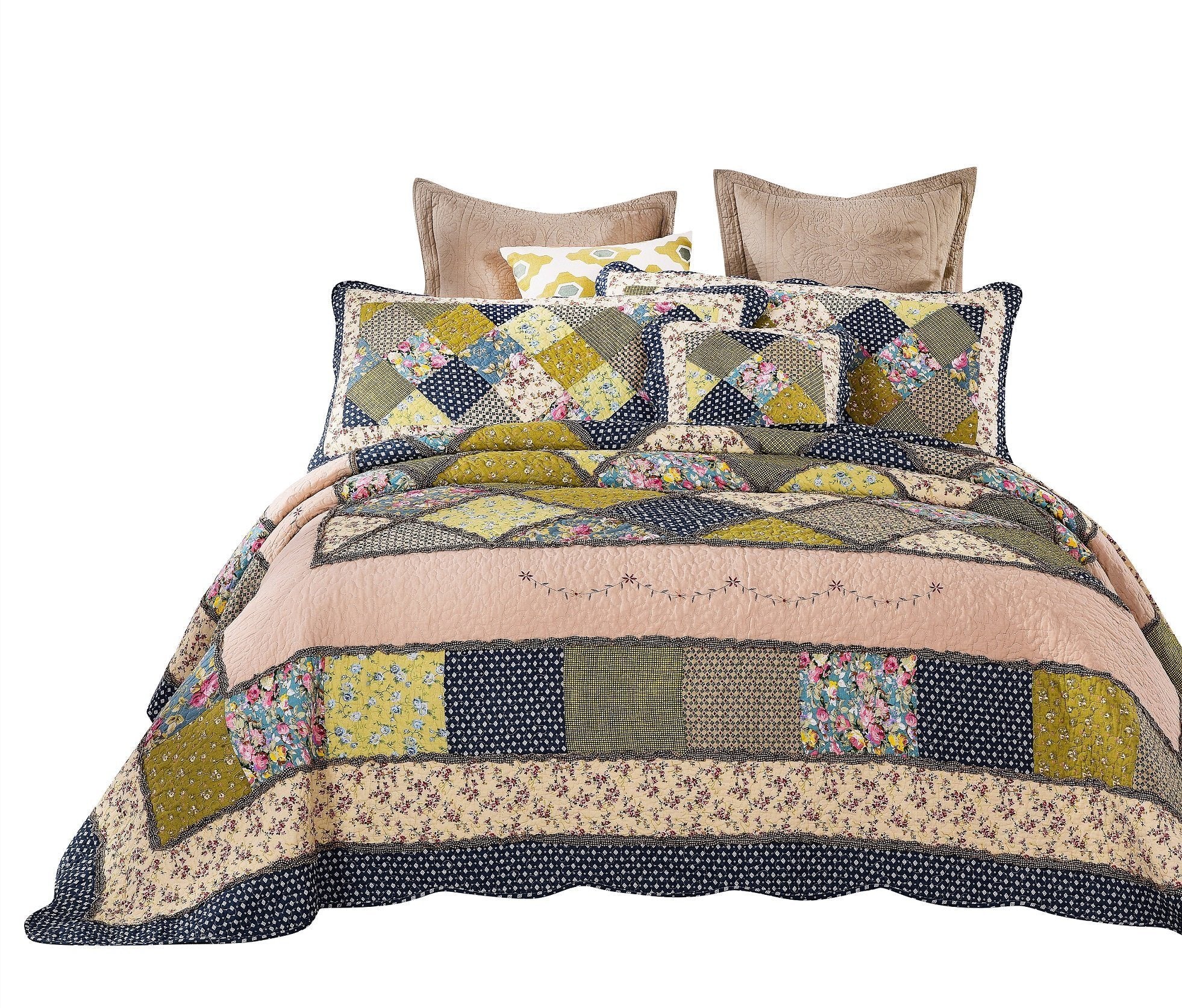 Tache Spring Shower Olive Green Navy Blue Floral Scalloped Cotton Patchwork Quilt Set (DXJ10077) - Tache Home Fashion