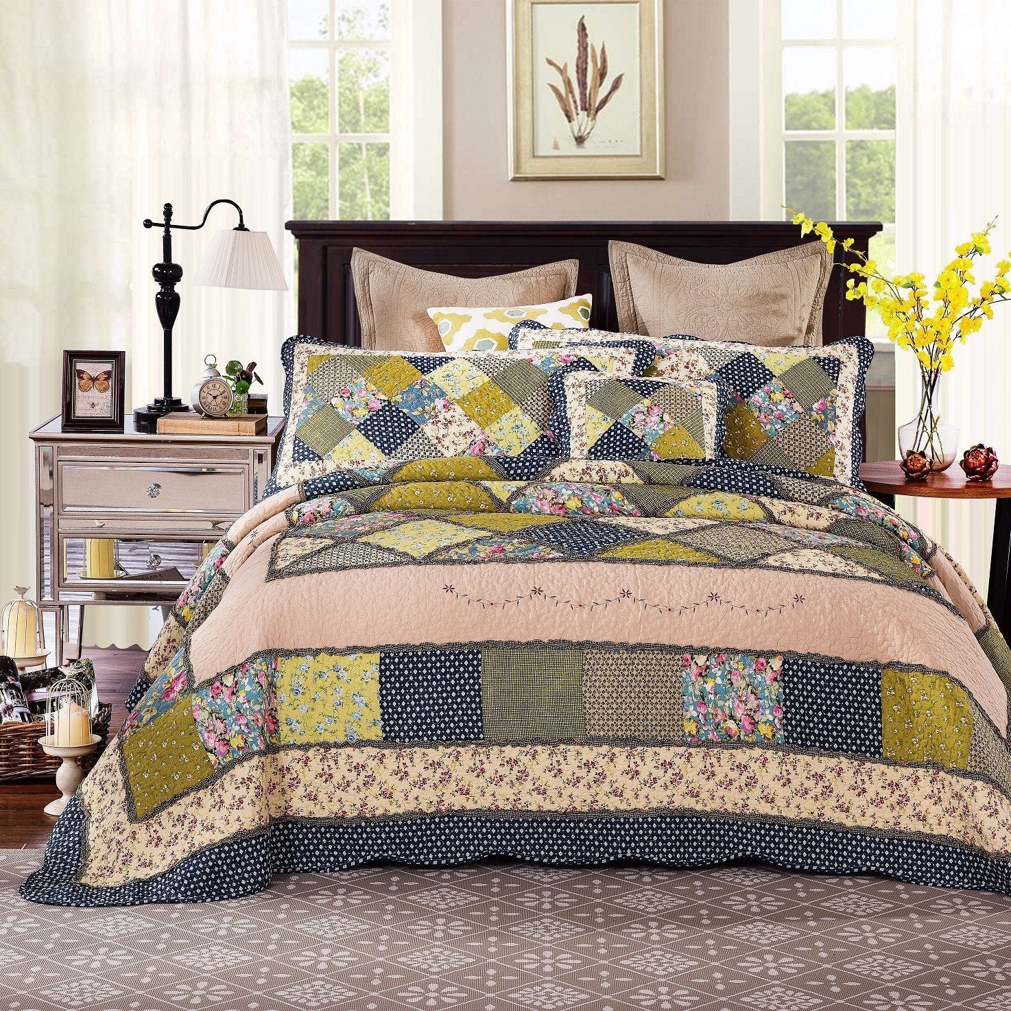 Tache Spring Shower Olive Green Navy Blue Floral Scalloped Cotton Patchwork Quilt Set (DXJ10077) - Tache Home Fashion