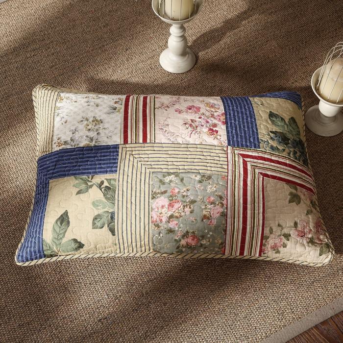 Tache Cotton Patchwork Striped Exotic Floral Beige Blue Japanese Garden Pillow Sham 2-Pieces (DXJ100076) - Tache Home Fashion