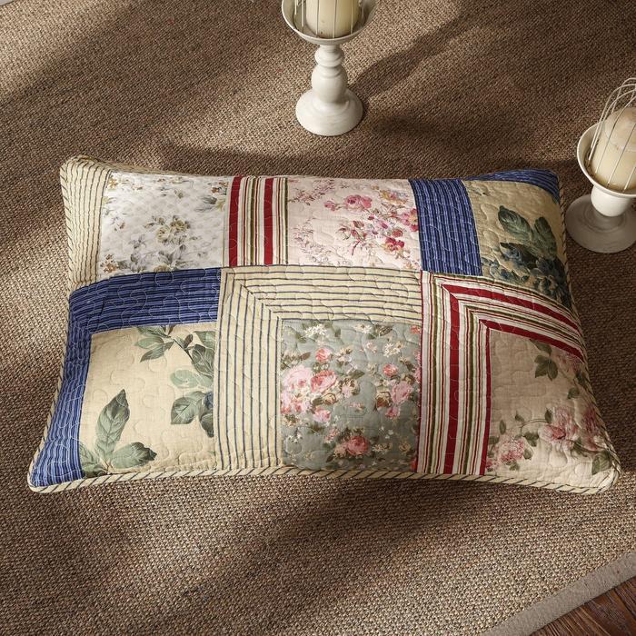Tache Cotton Patchwork Striped Exotic Floral Beige Blue Japanese Garden Pillow Sham 2 Pieces DXJ100076
