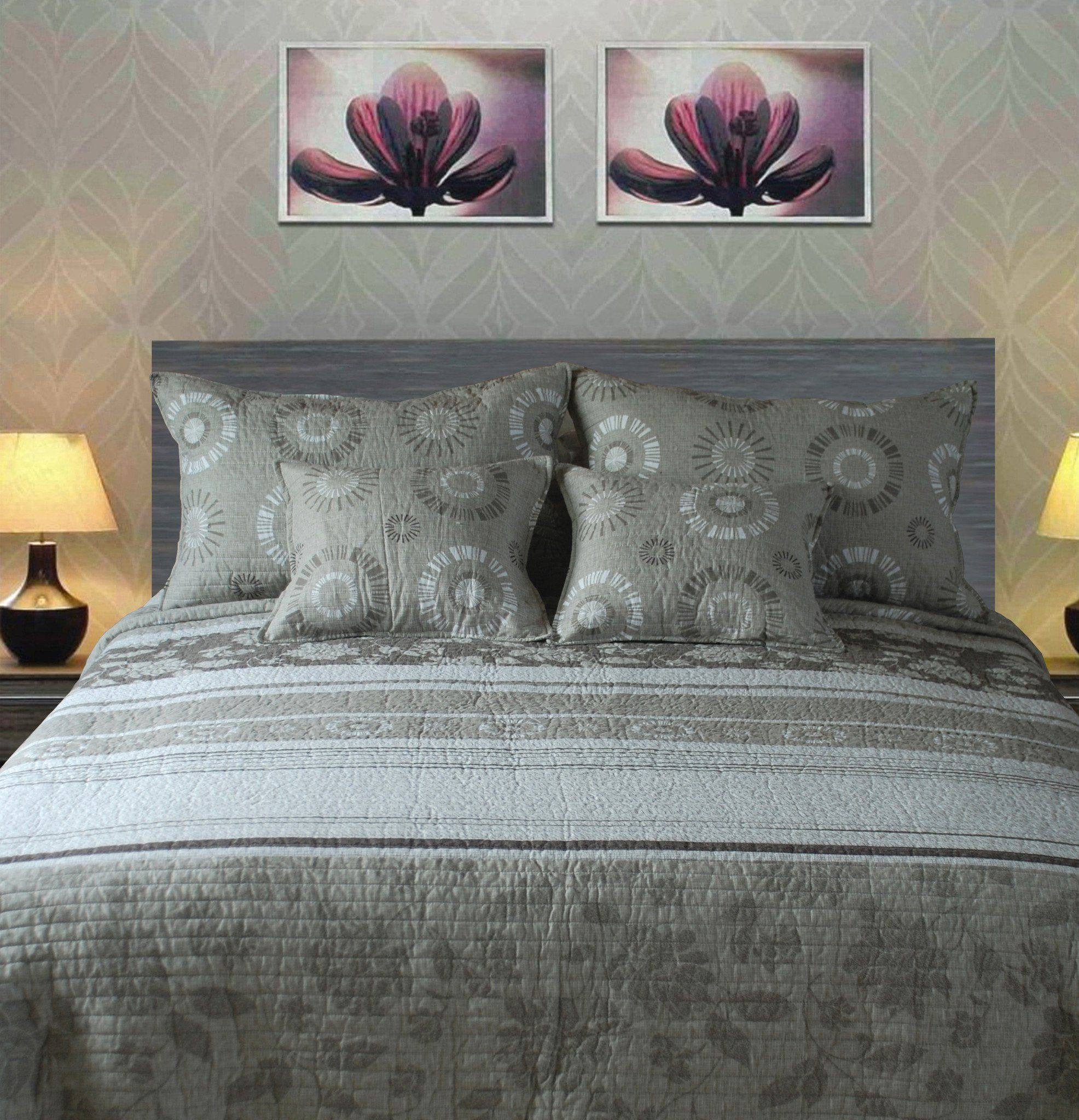Tache Cotton Taupe Beige Striped Floral Geometric Starburst Quilt Set (DXJ107076) - Tache Home Fashion