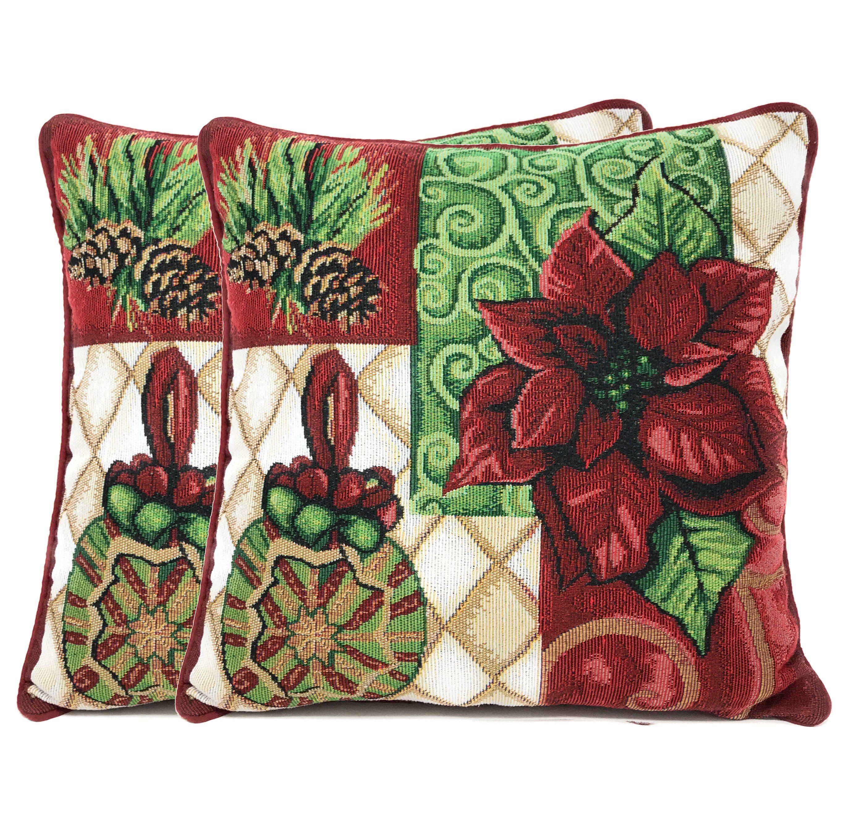 Tache Poinsettia Christmas Festive Patchwork Holiday Tidings Tapestry Throw Pillow Cover (12900CC-1616) - Tache Home Fashion